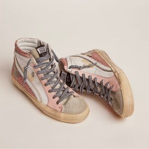 Golden Goose Slide Sneakers with white leather and pink crocodile-print